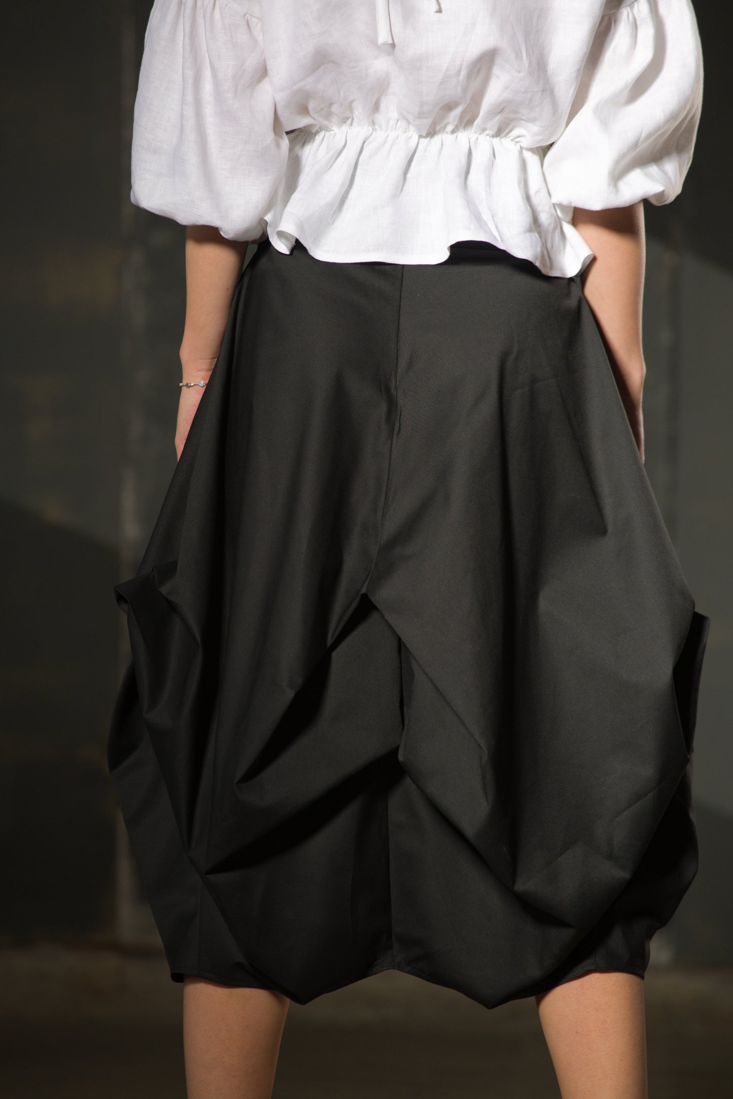 Black Asymmetric Draped Skirt — Cotton, High Waist