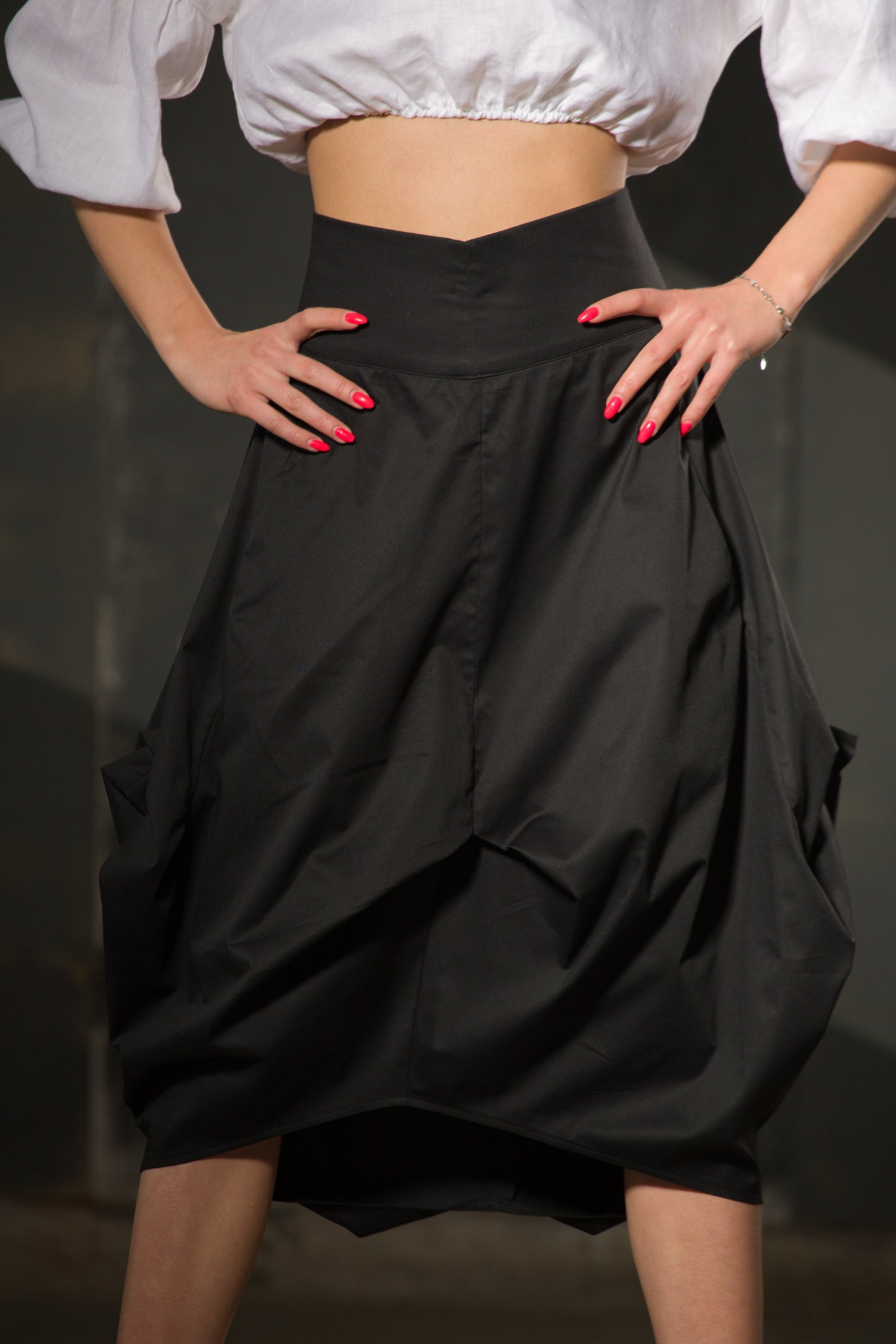 Black Asymmetric Draped Skirt — Cotton, High Waist