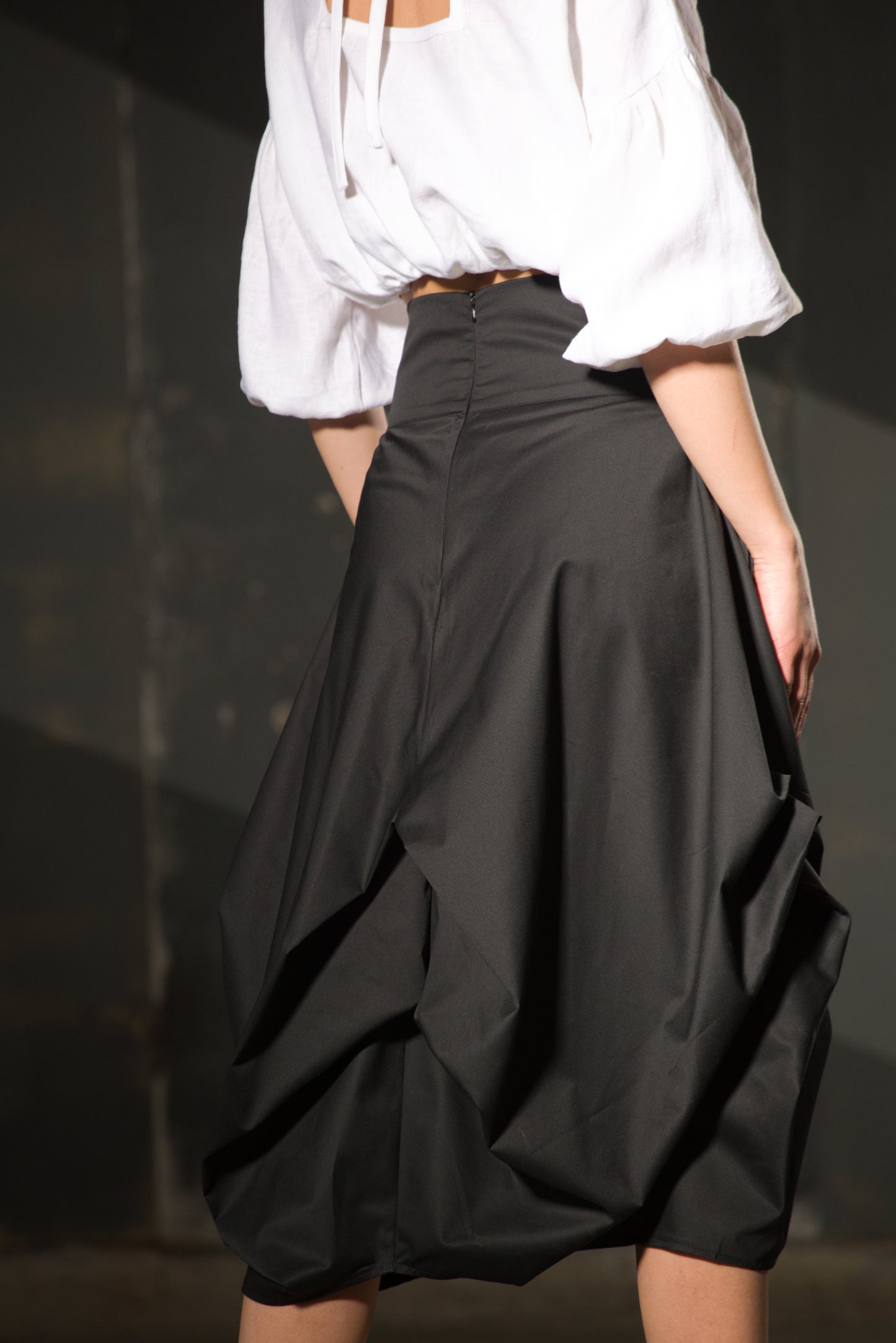 Black Asymmetric Draped Skirt — Cotton, High Waist