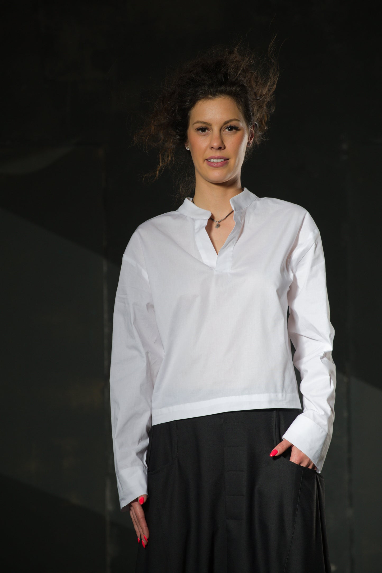 Black Asymmetric Draped Skirt — Cotton, High Waist