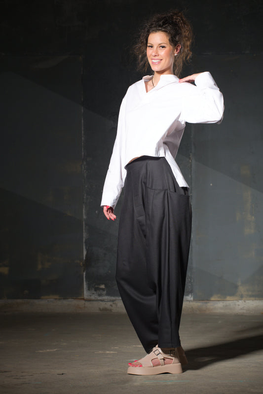 Black Wide-Leg Harem Trousers — Elastic Waist
