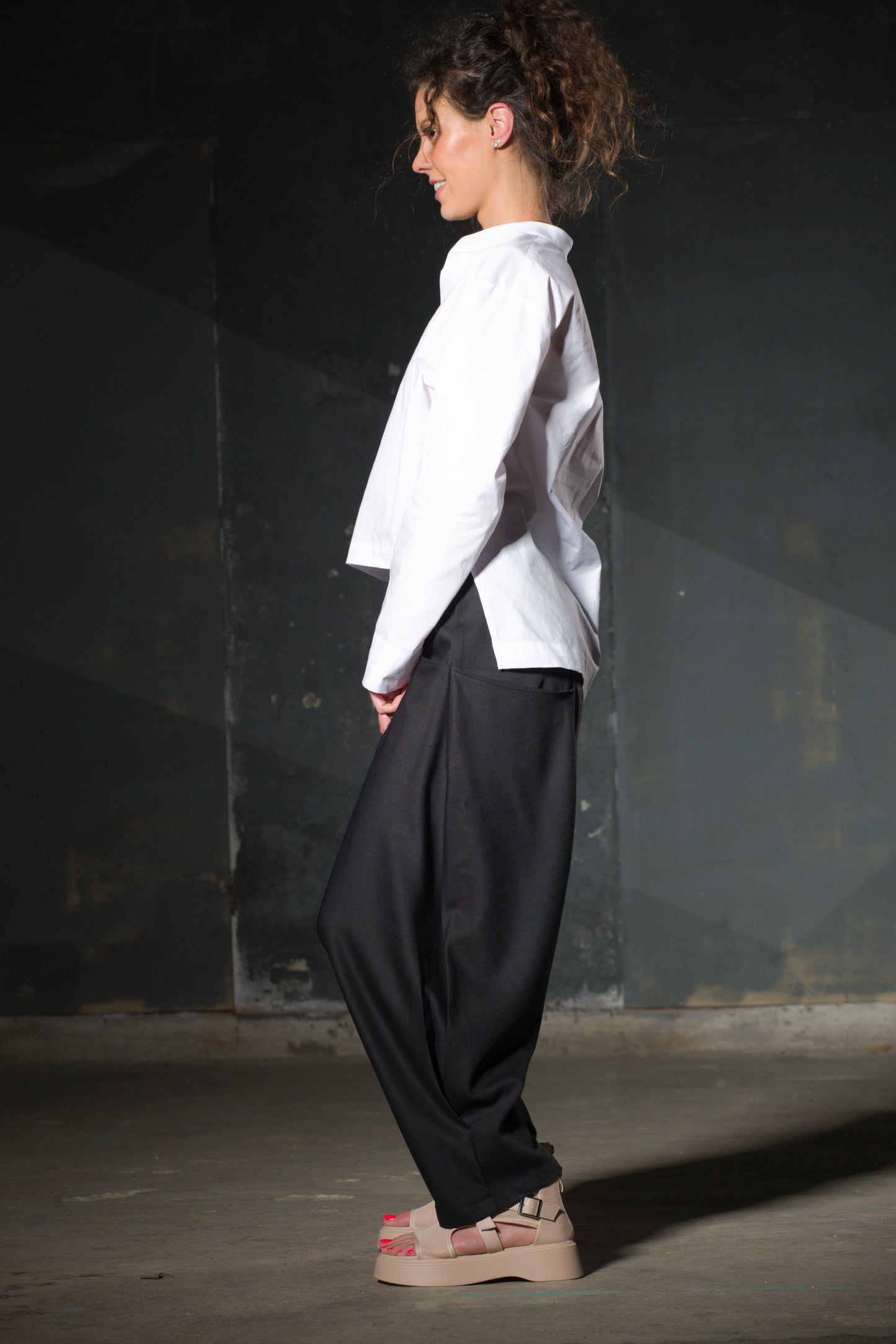 Black Wide-Leg Harem Trousers — Elastic Waist