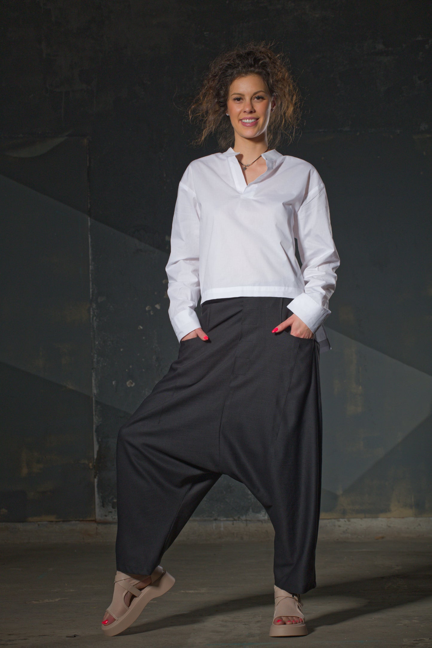 White Cotton Shirt — Asymmetric Hem, Mandarin Collar