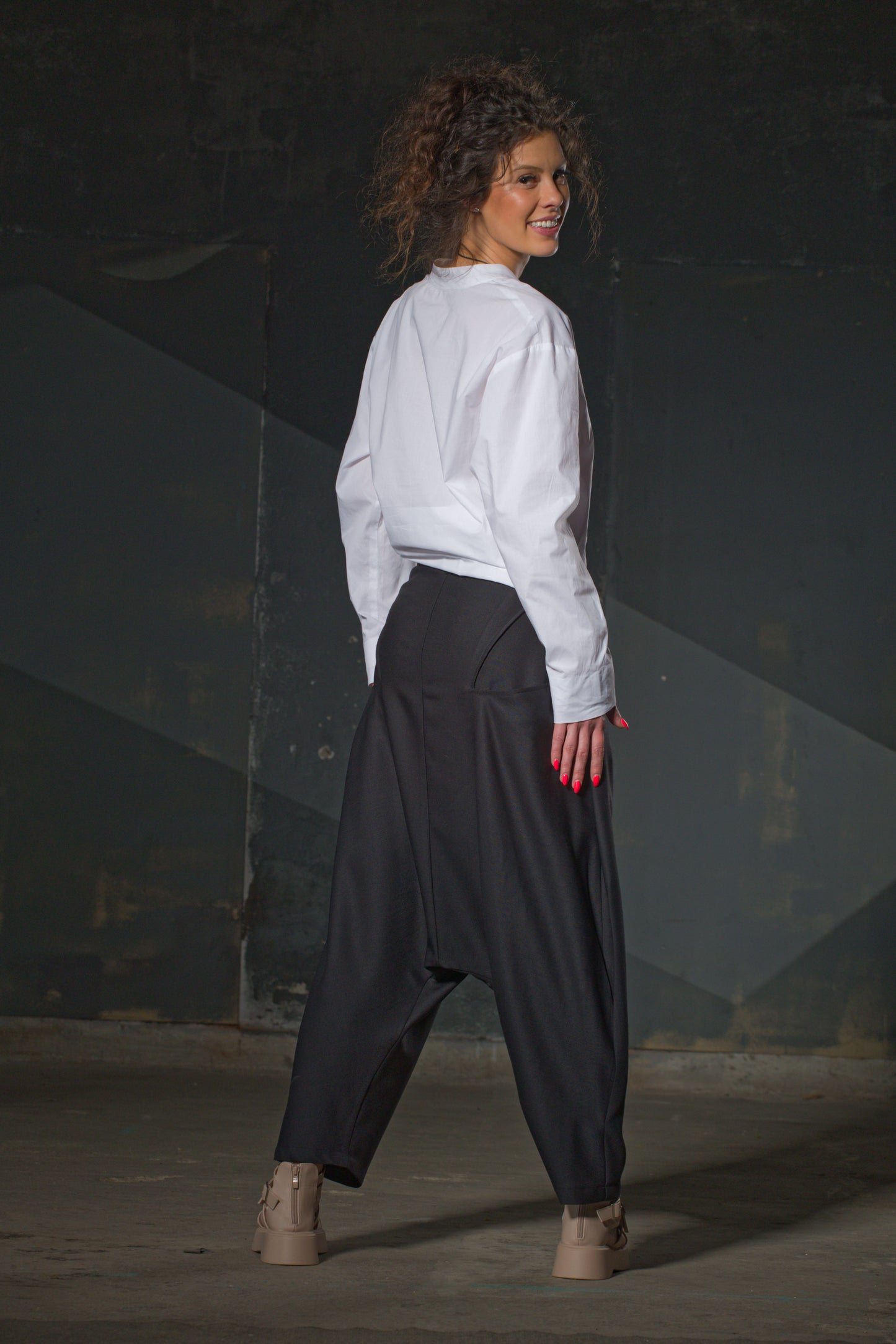 White Cotton Shirt — Asymmetric Hem, Mandarin Collar