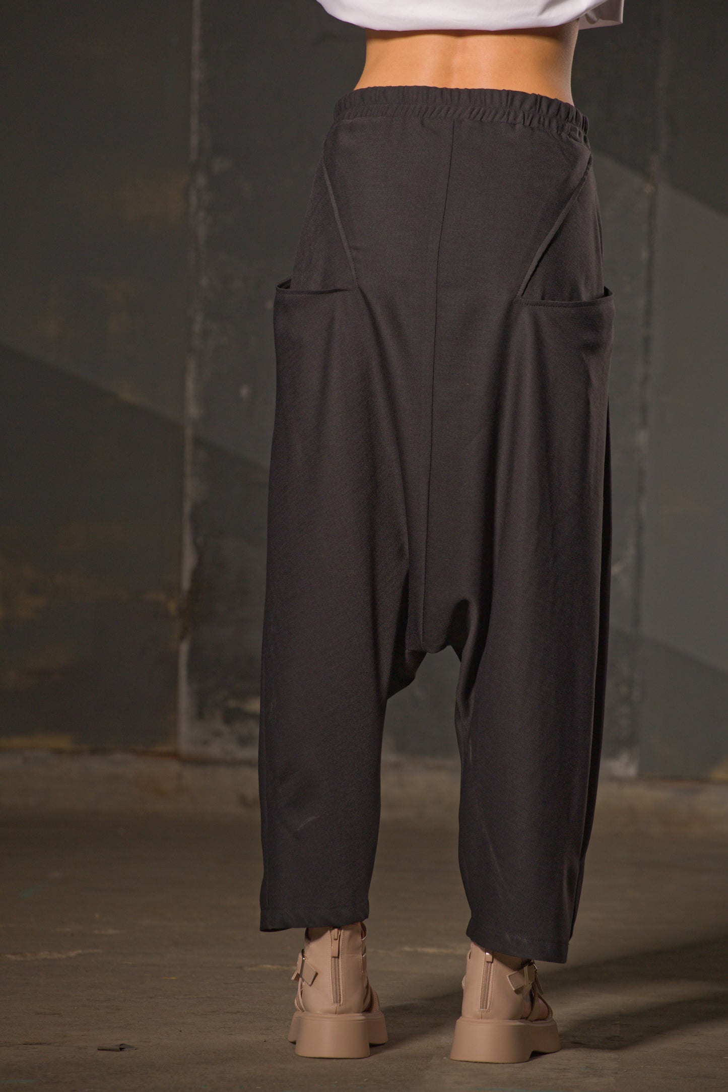 Black Wide-Leg Harem Trousers — Elastic Waist