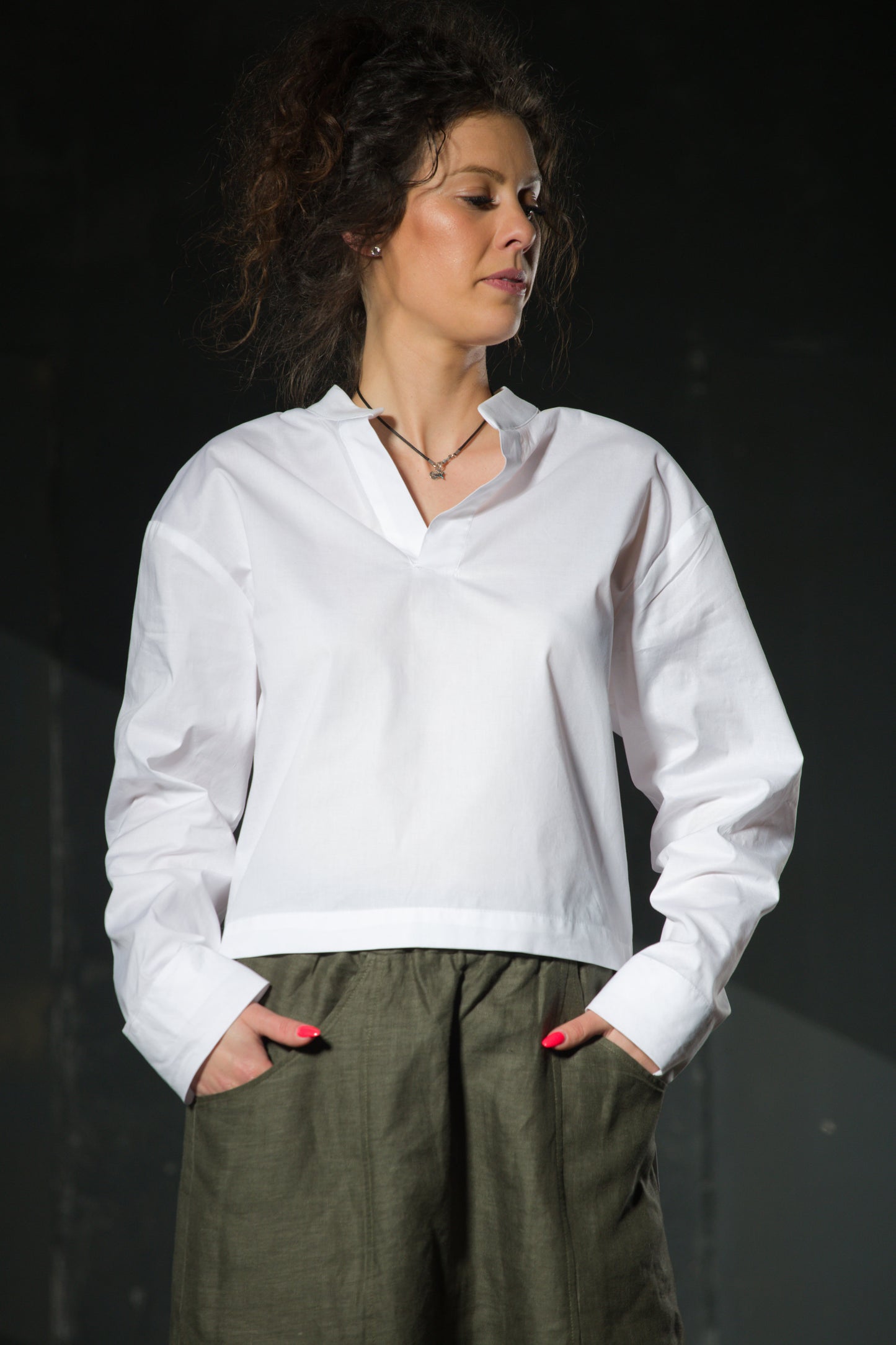 White Cotton Shirt — Asymmetric Hem, Mandarin Collar