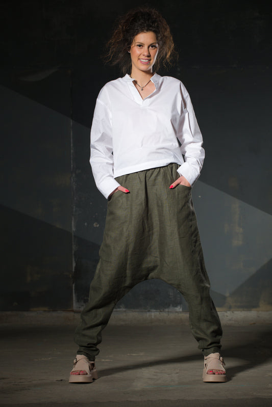 Olive Linen Harem Trousers — Elastic Waist, Pockets