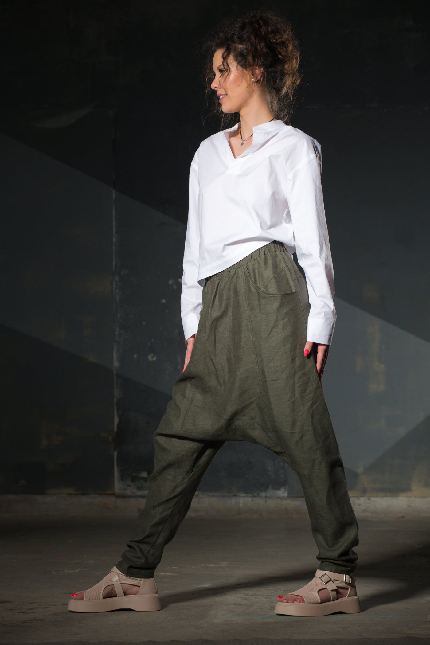 Olive Linen Harem Trousers — Elastic Waist, Pockets — handmade by Souls in Clothes
