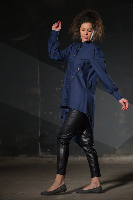 Navy Asymmetric Tunic — Elongated Back, Puff Sleeve