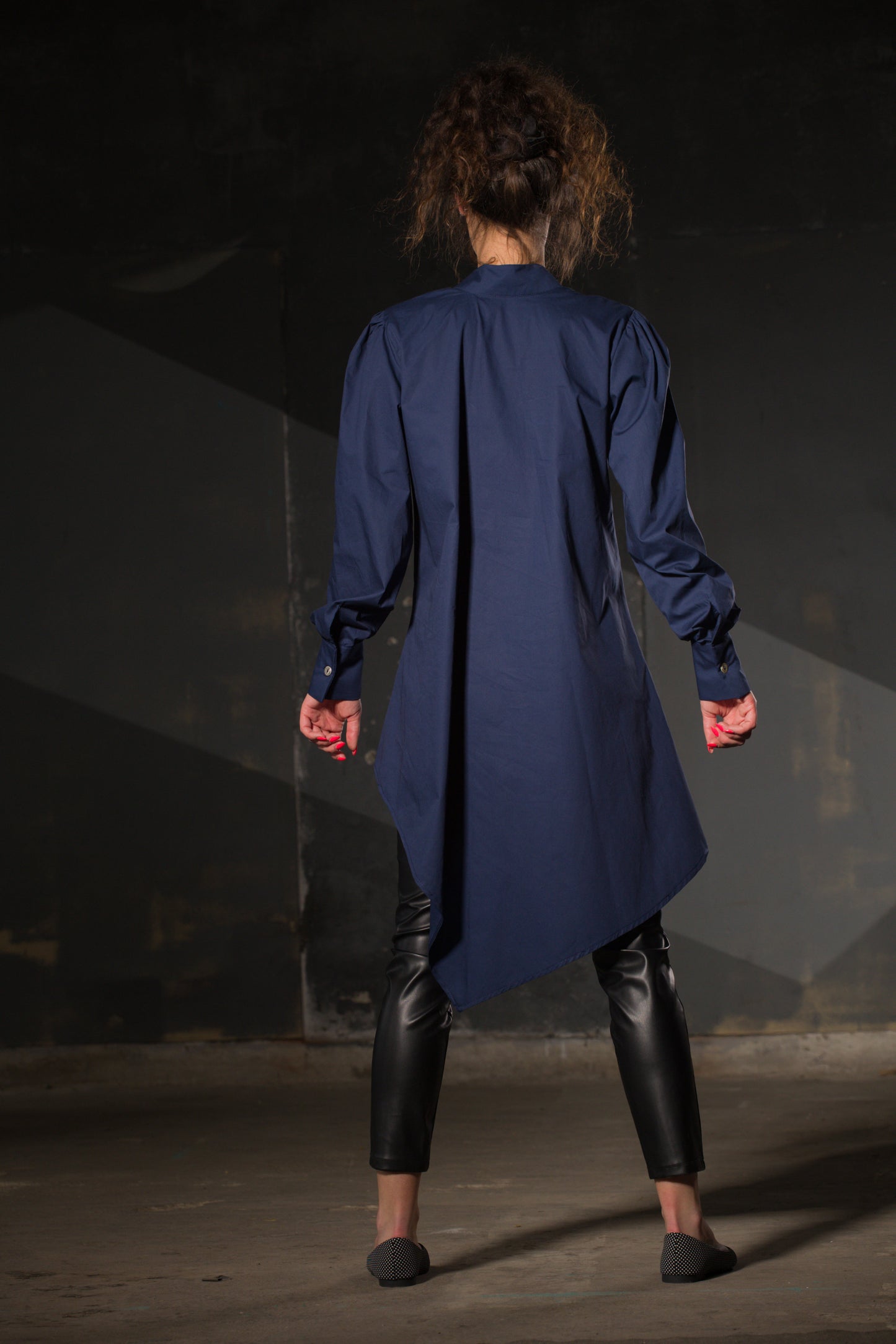Navy Asymmetric Tunic — Elongated Back, Puff Sleeve