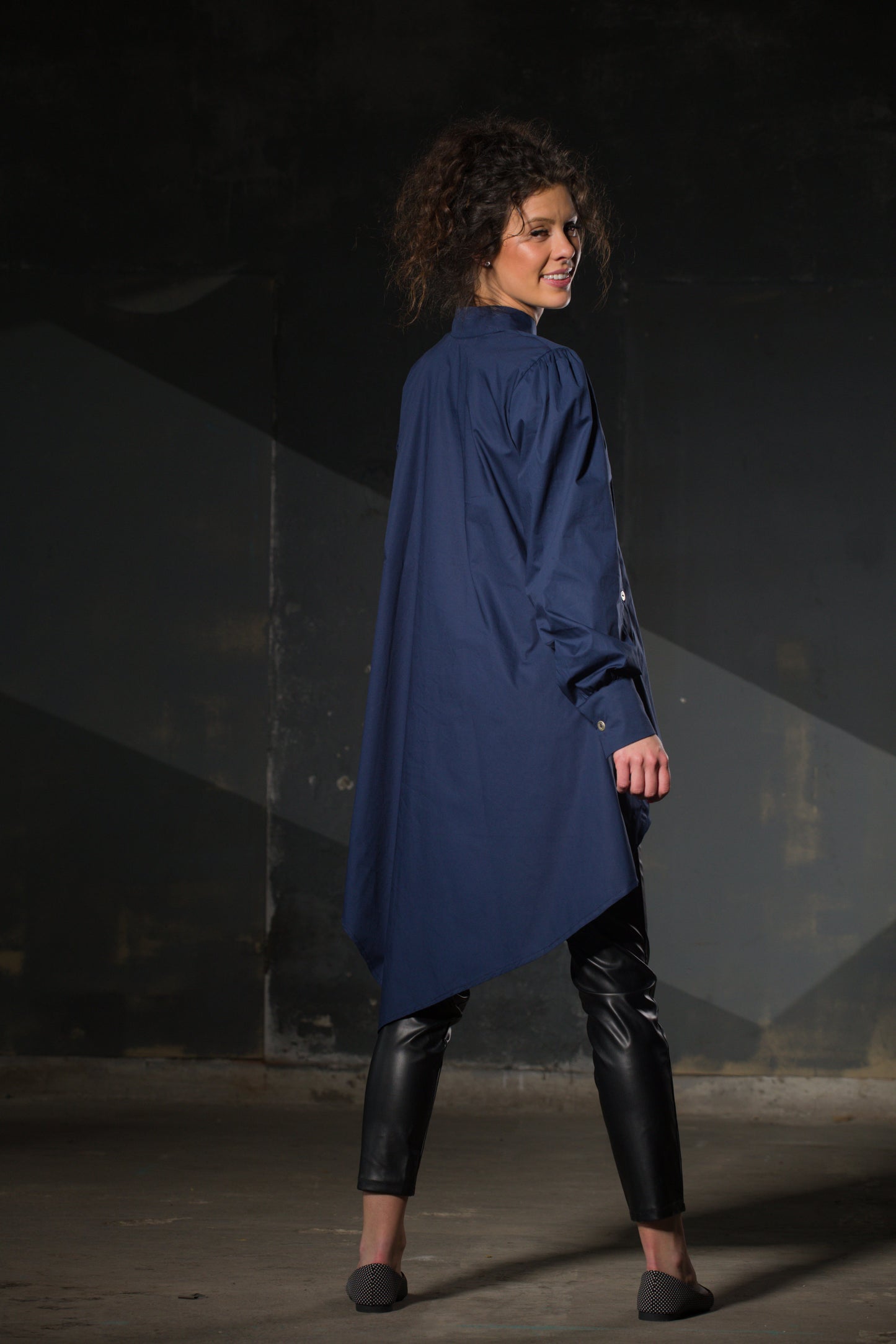 Navy Asymmetric Tunic — Elongated Back, Puff Sleeve