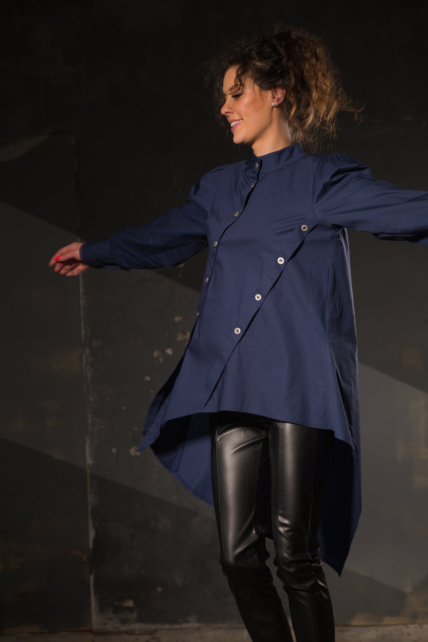 Navy Asymmetric Tunic — Elongated Back, Puff Sleeve