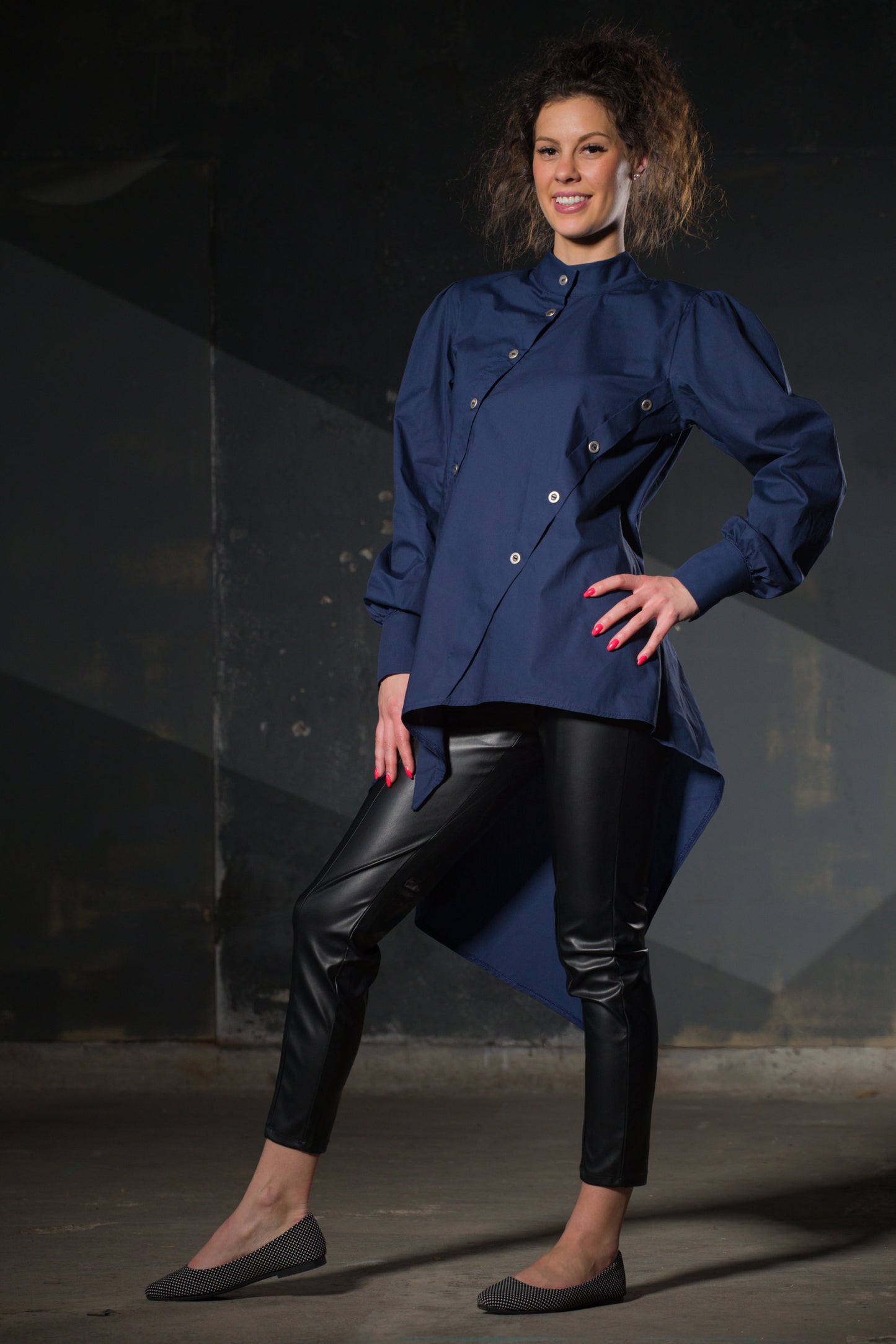 Navy Asymmetric Tunic — Elongated Back, Puff Sleeve