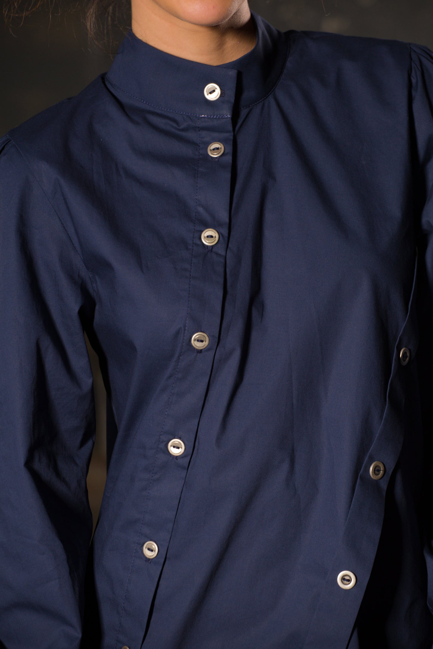 Navy Asymmetric Tunic — Elongated Back, Puff Sleeve