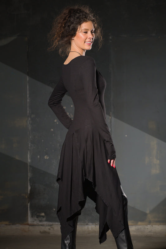 Black Jersey Asymmetric Tunic — Off-Shoulder, Thumb Holes