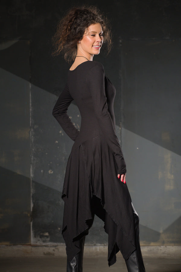 Black Jersey Asymmetric Tunic — Thumb Holes