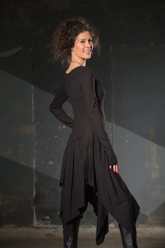Black Jersey Asymmetric Tunic — Off-Shoulder, Thumb Holes — handmade by Souls in Clothes