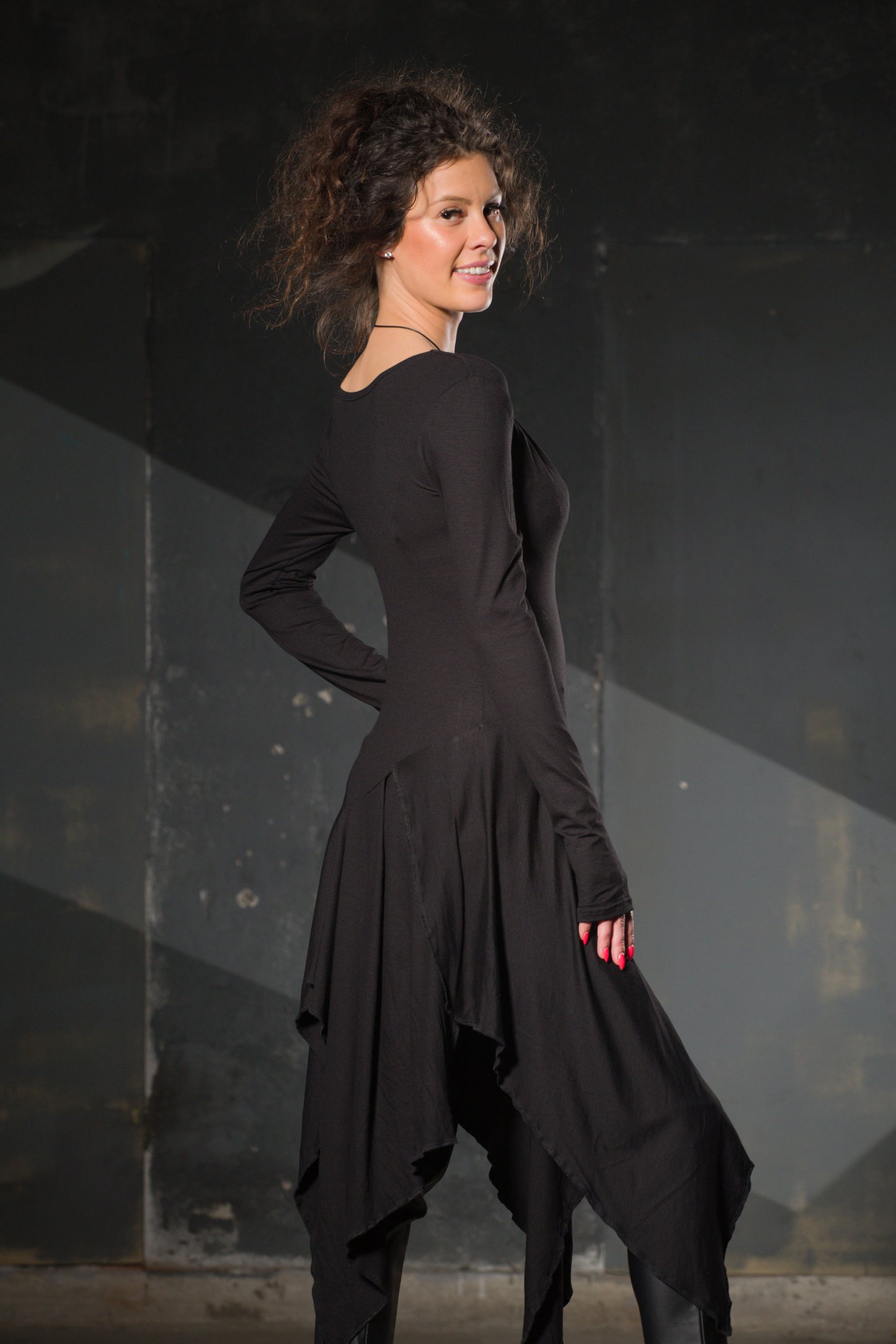 Black Jersey Asymmetric Tunic — Off-Shoulder, Thumb Holes