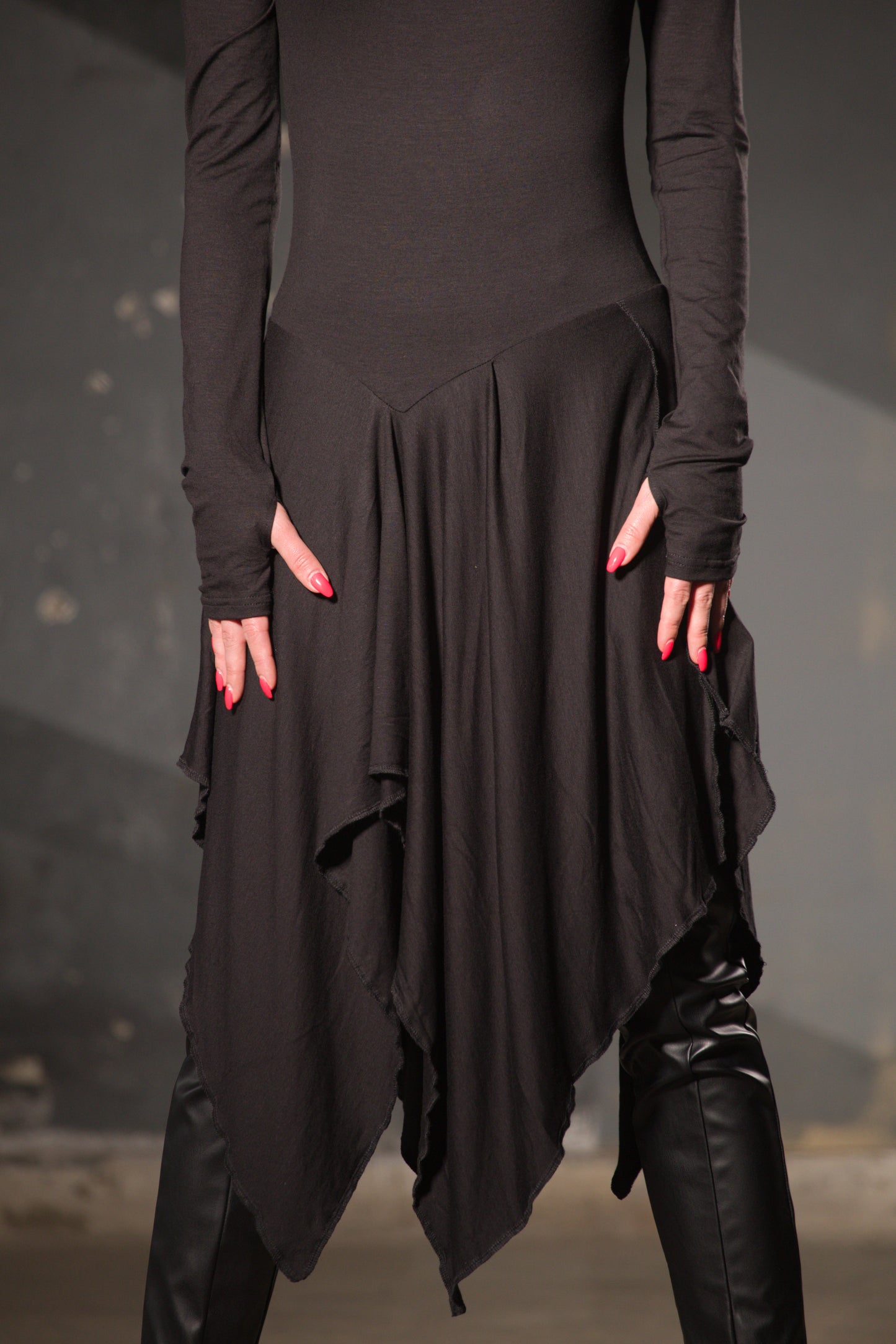 Black Jersey Asymmetric Tunic — Off-Shoulder, Thumb Holes