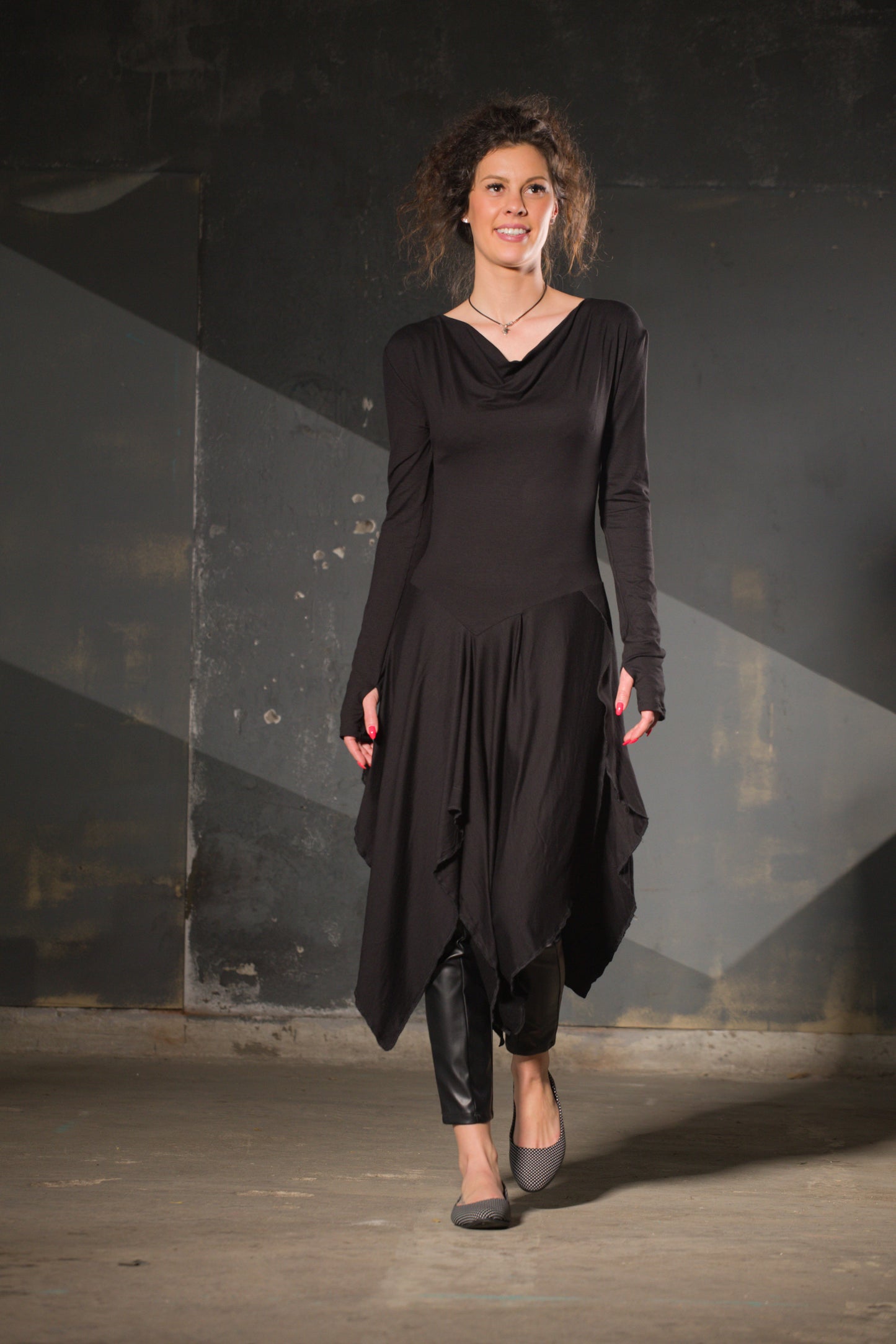 Black Jersey Asymmetric Tunic — Off-Shoulder, Thumb Holes