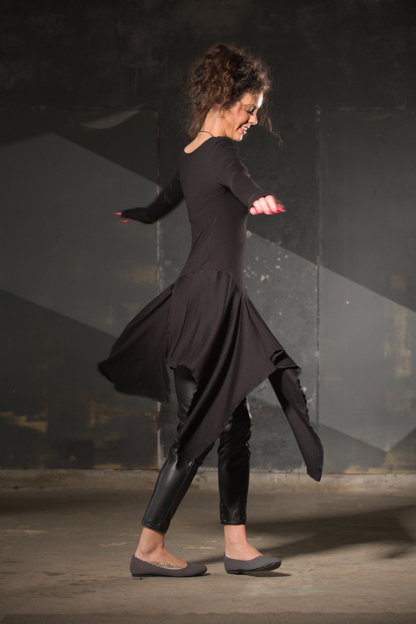 Black Jersey Asymmetric Tunic — Off-Shoulder, Thumb Holes