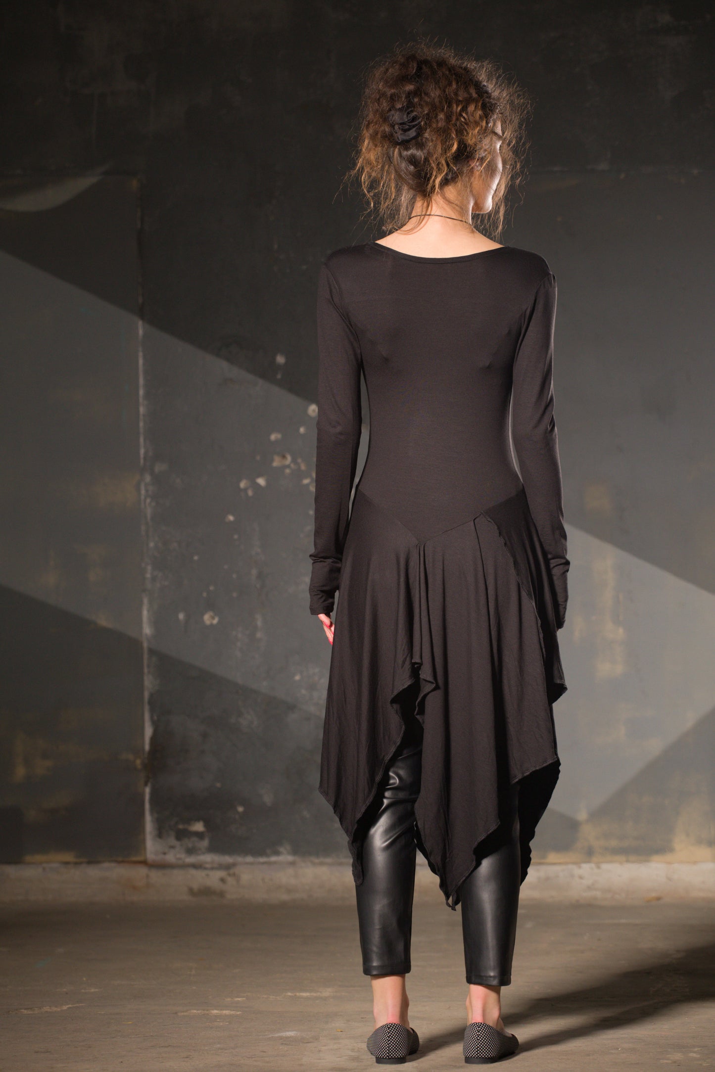 Black Jersey Asymmetric Tunic — Off-Shoulder, Thumb Holes