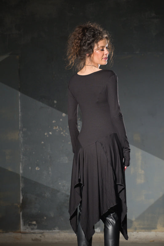 Green Cowl-Neck Asymmetric Tunic — Thumb Holes