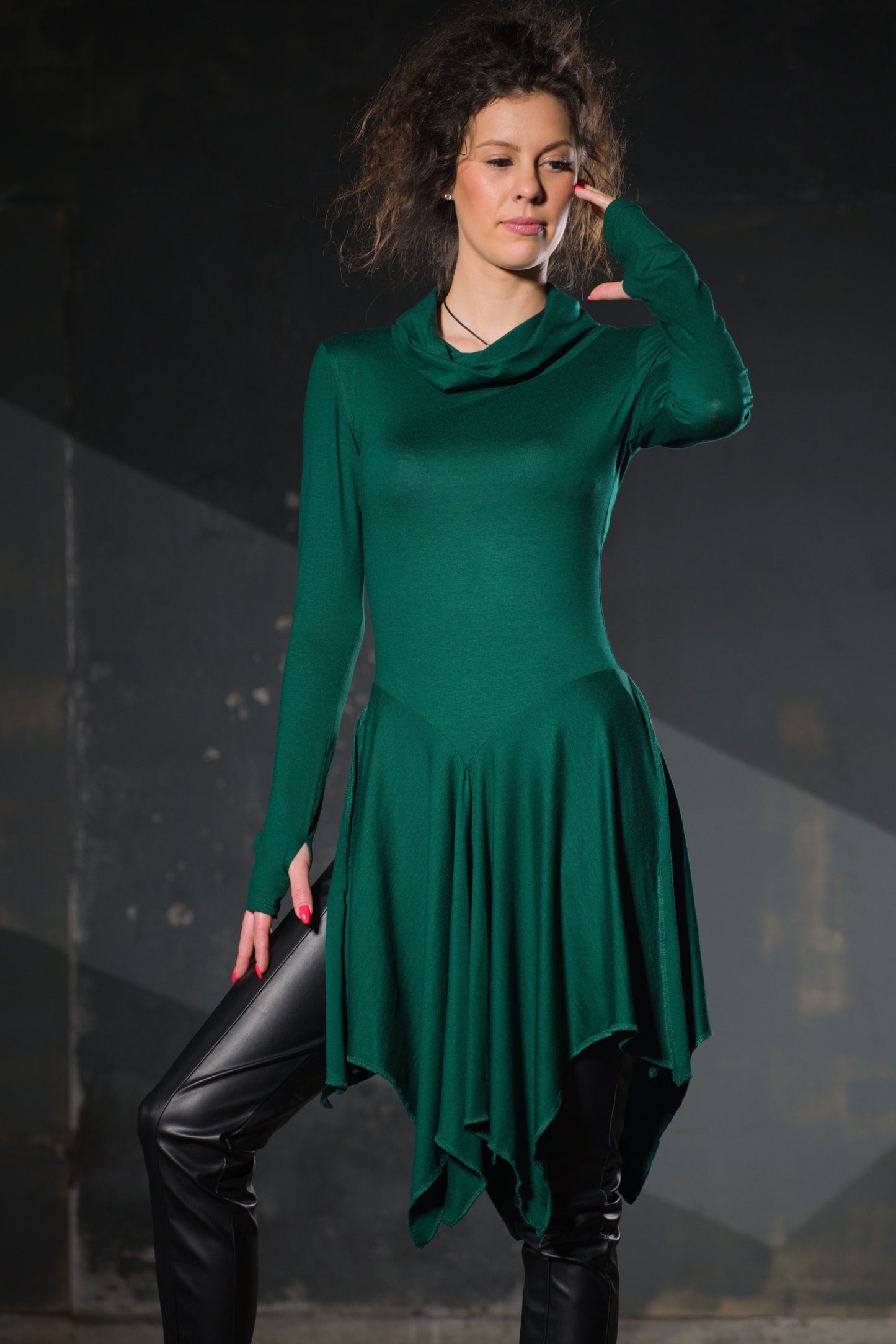 Green Cowl-Neck Asymmetric Tunic — Thumb Holes