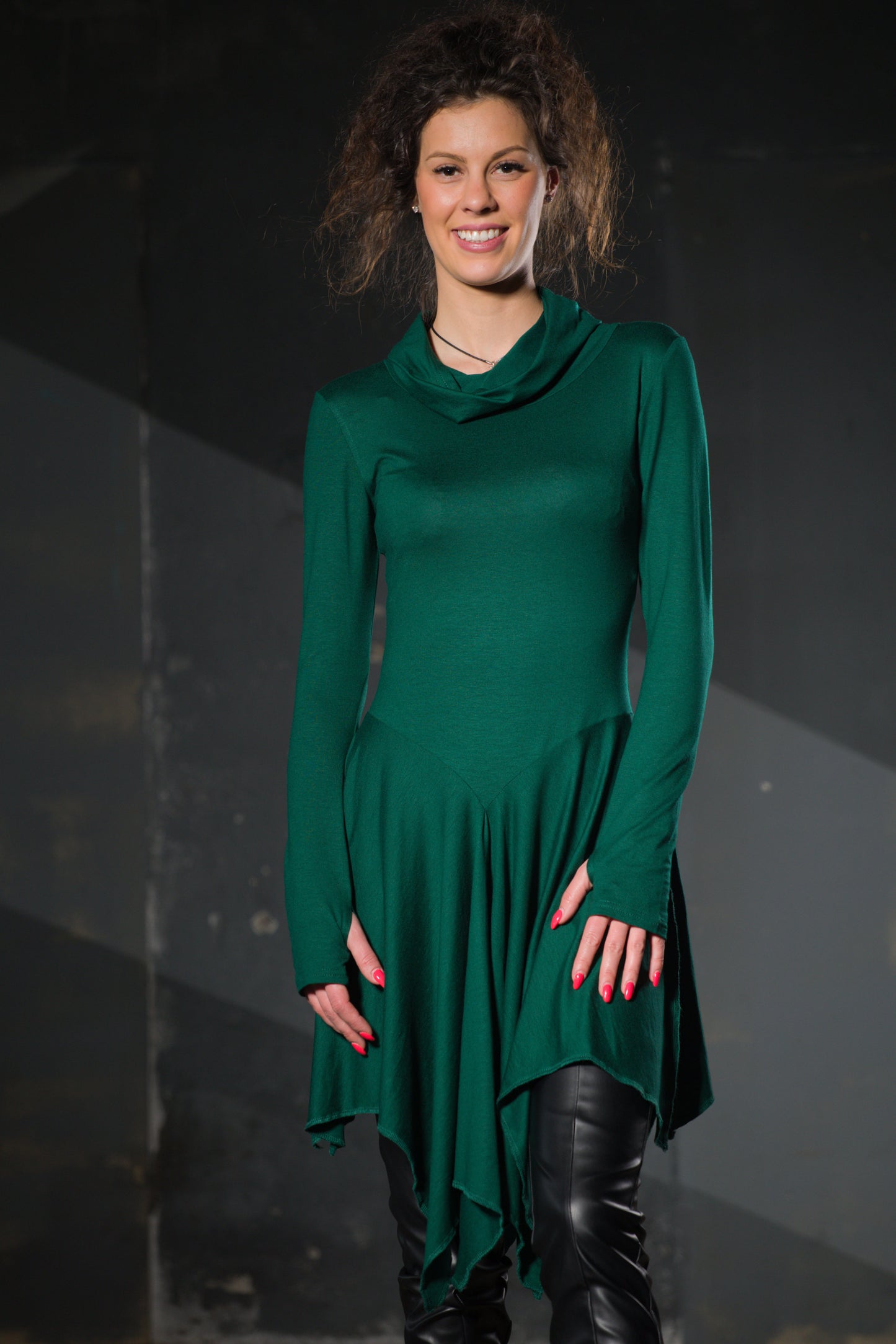 Green Cowl-Neck Asymmetric Tunic — Thumb Holes