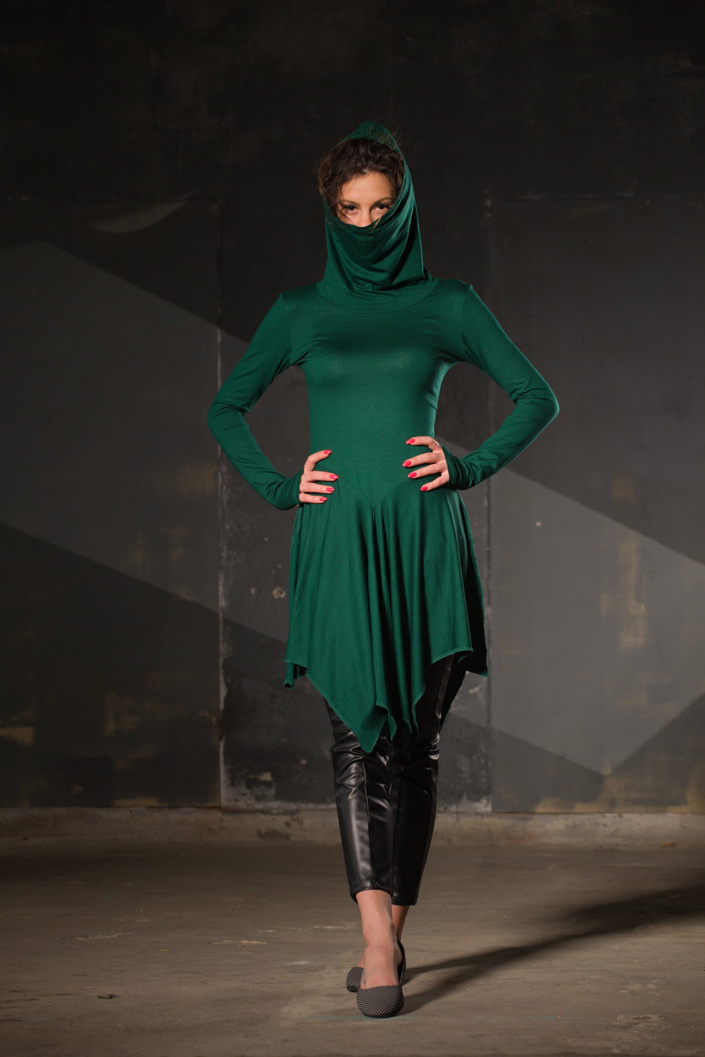 Green Cowl-Neck Asymmetric Tunic — Thumb Holes