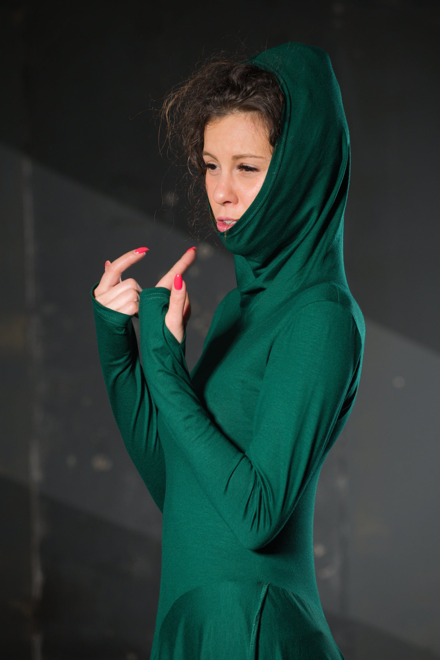 Green Cowl-Neck Asymmetric Tunic — Thumb Holes