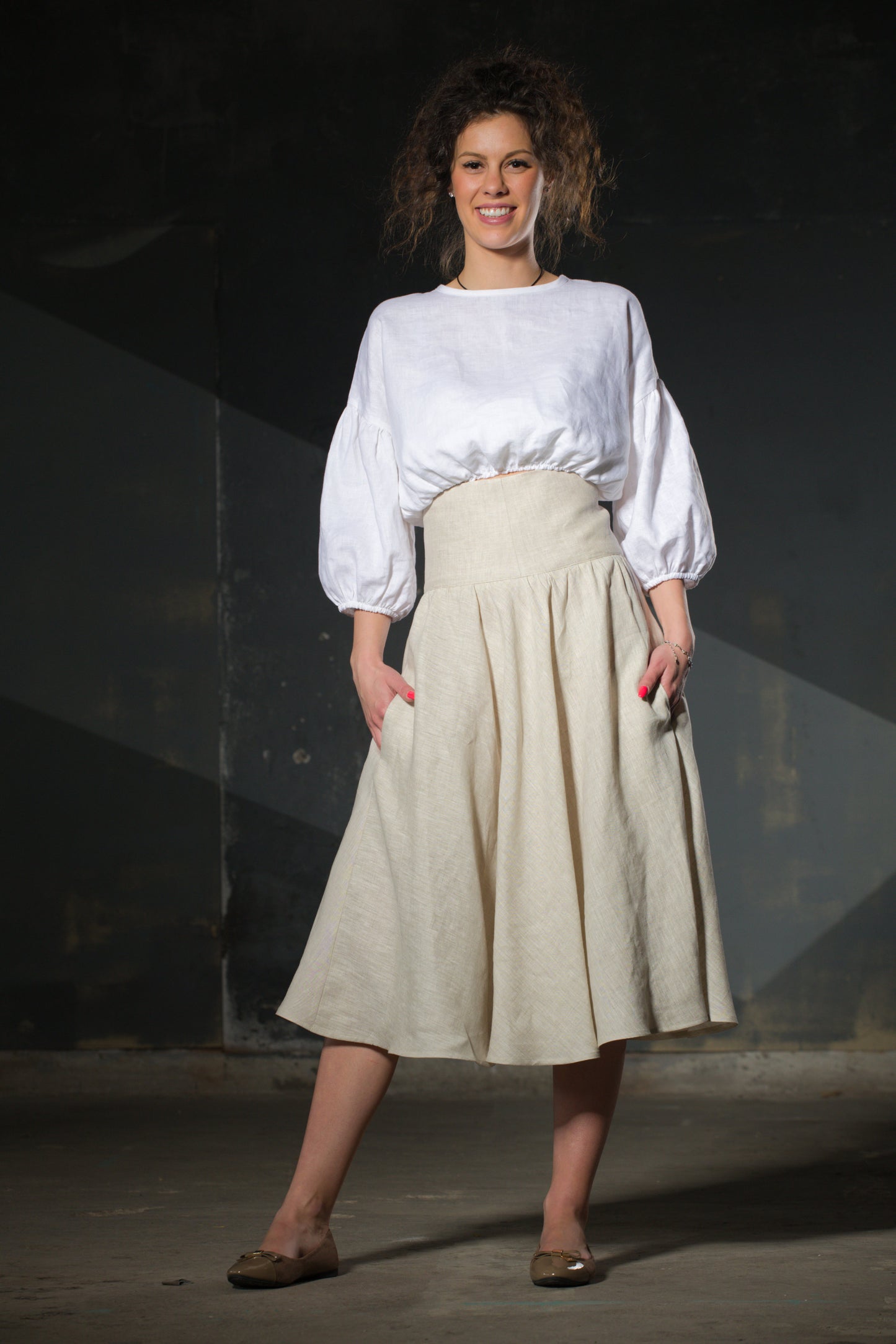 Natural Linen Midi Skirt — Structured Waist