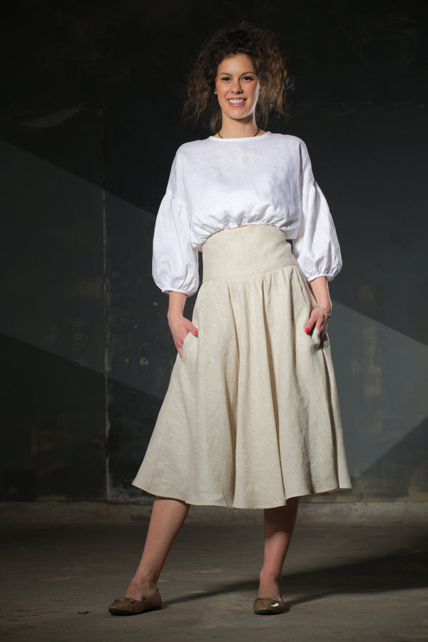 Natural Linen Midi Skirt — Structured Waist