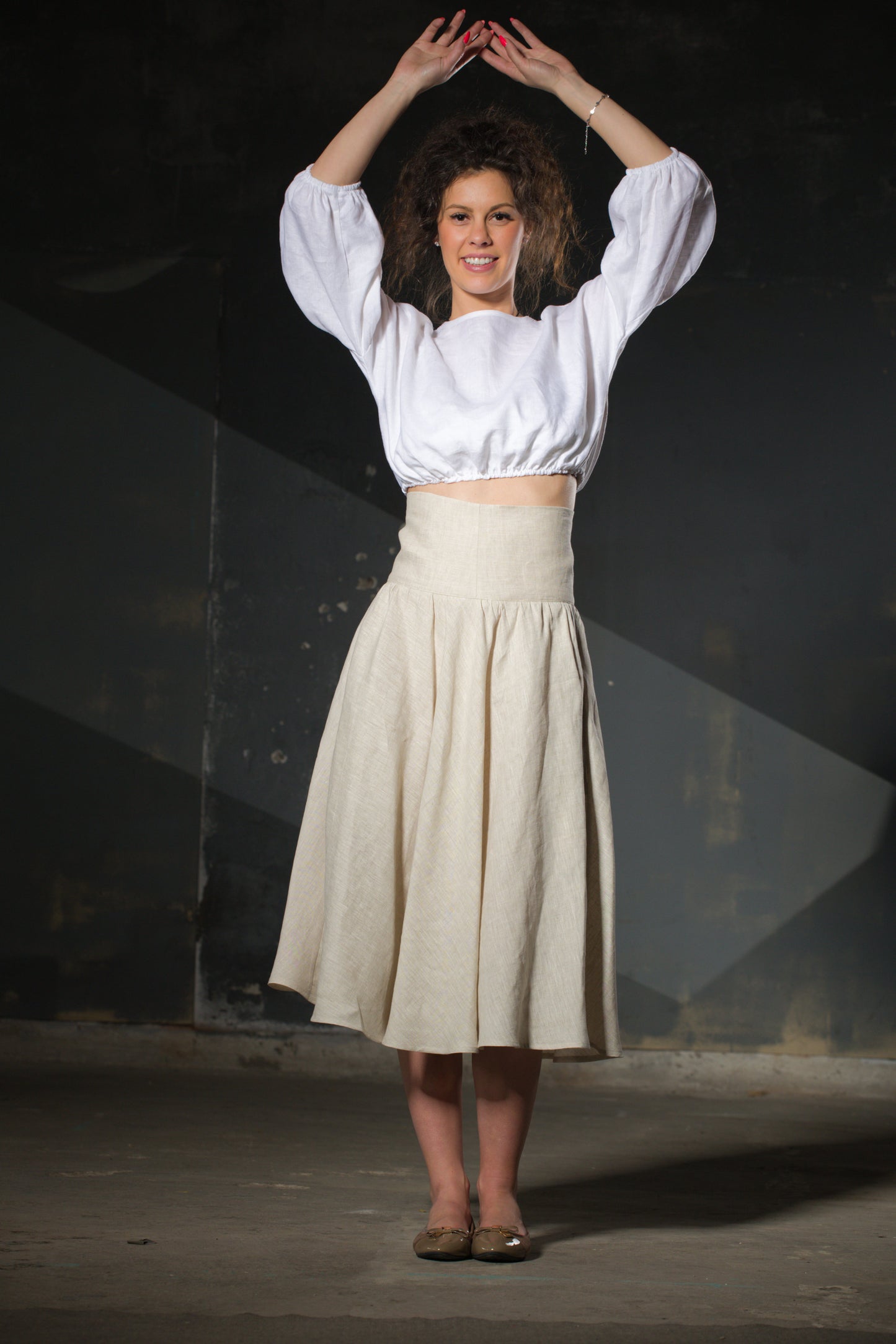 Natural Linen Midi Skirt — Structured Waist