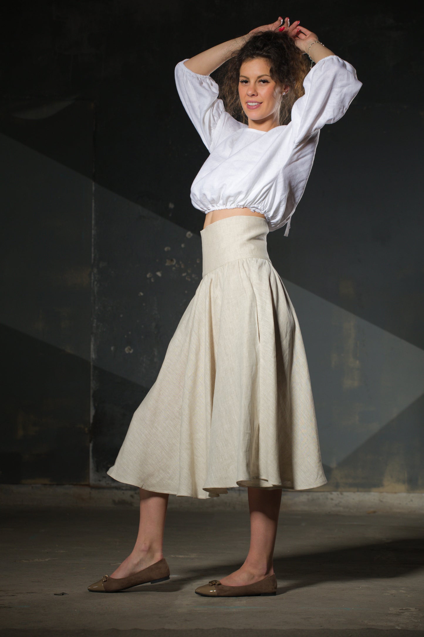 Natural Linen Midi Skirt — Structured Waist