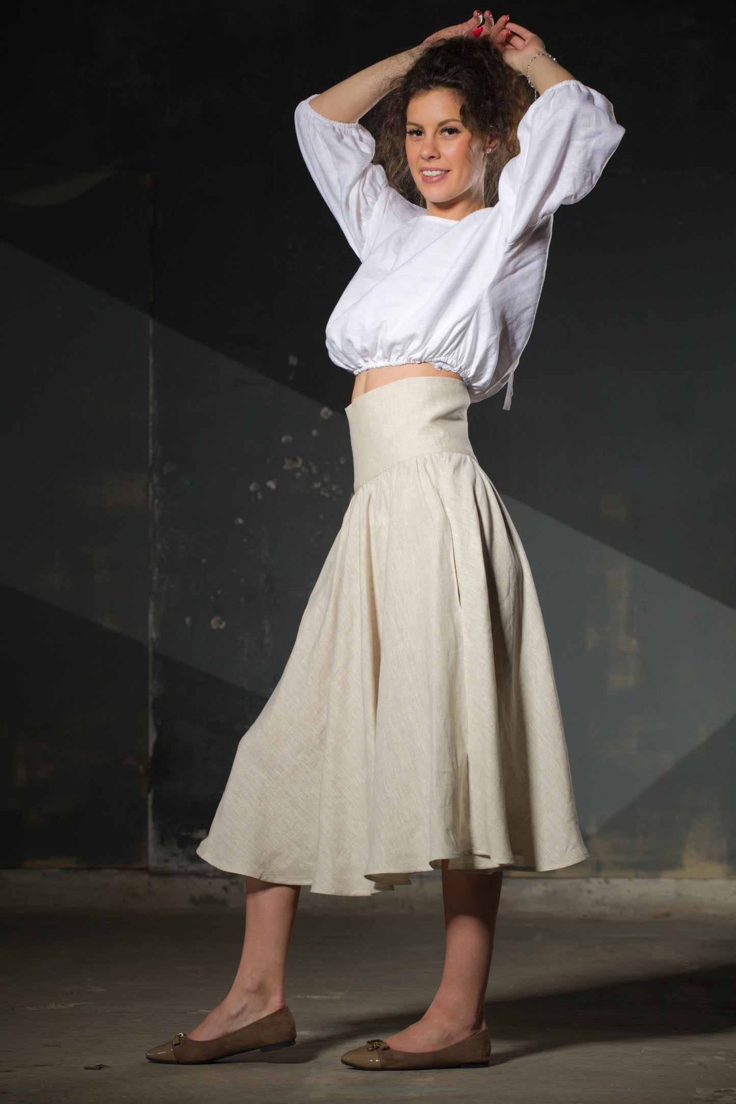 Natural Linen Midi Skirt — Structured Waist