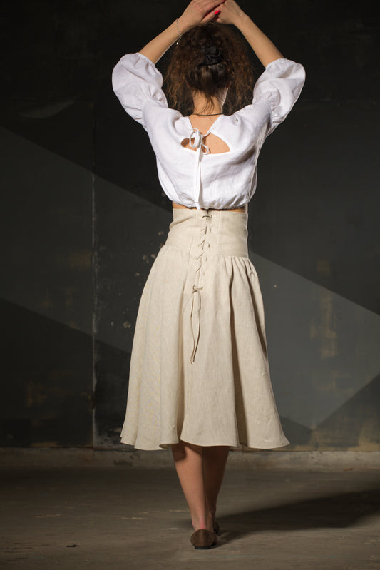 Natural Linen Midi Skirt — Structured Waist — handmade by Souls in Clothes