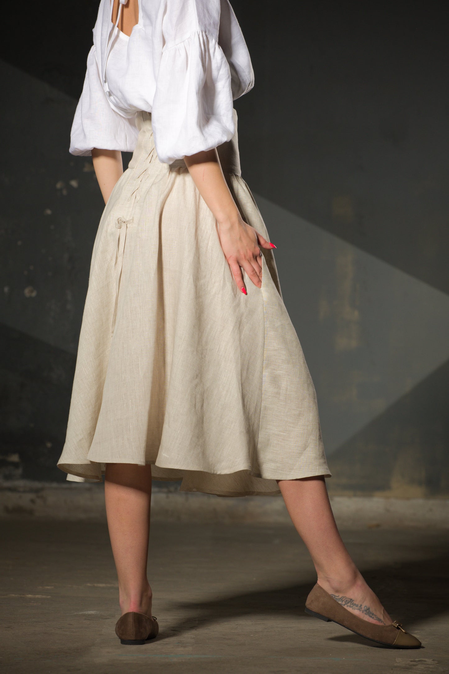 Natural Linen Midi Skirt — Structured Waist