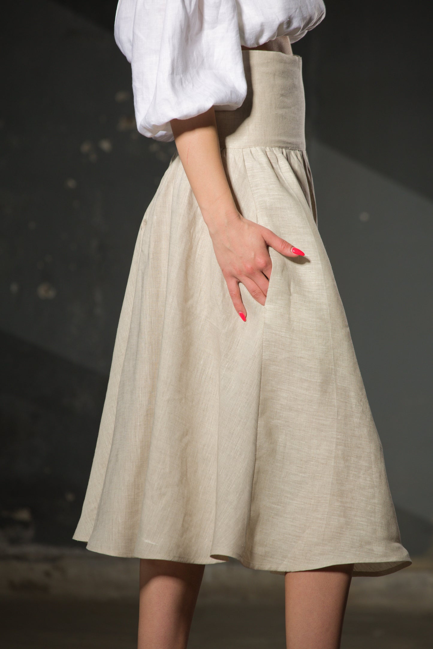 Natural Linen Midi Skirt — Structured Waist