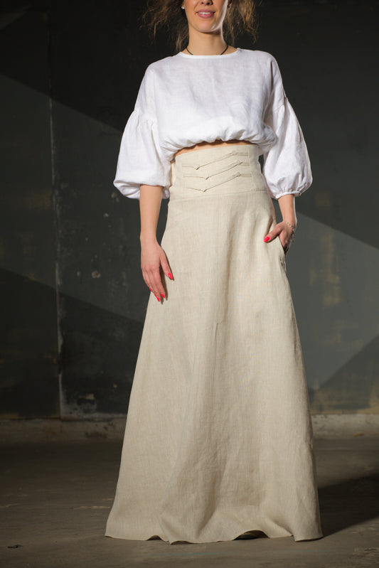 Natural Linen Maxi Skirt — Wide Structured Waistband