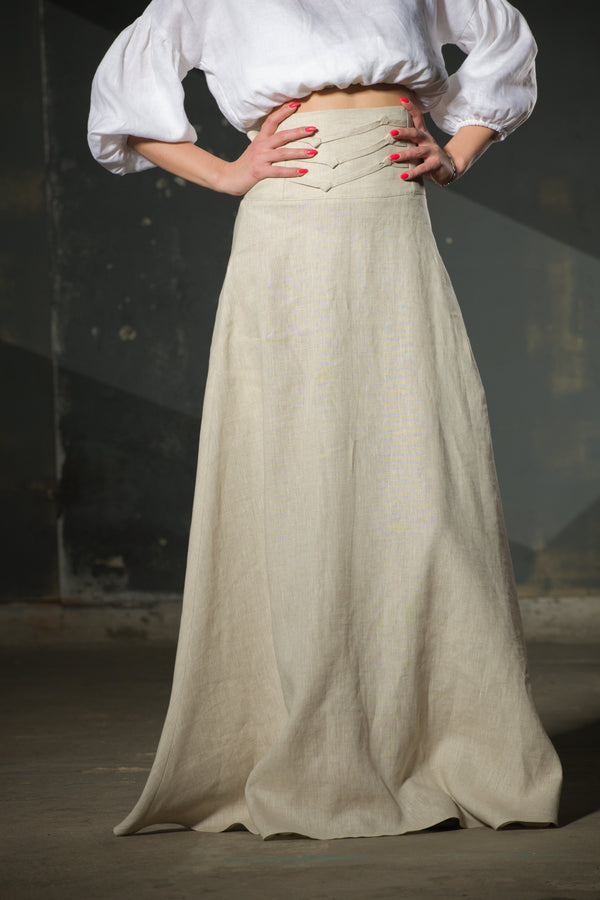 Natural Linen Maxi Skirt — Wide Structured Waistband — handmade by Souls in Clothes