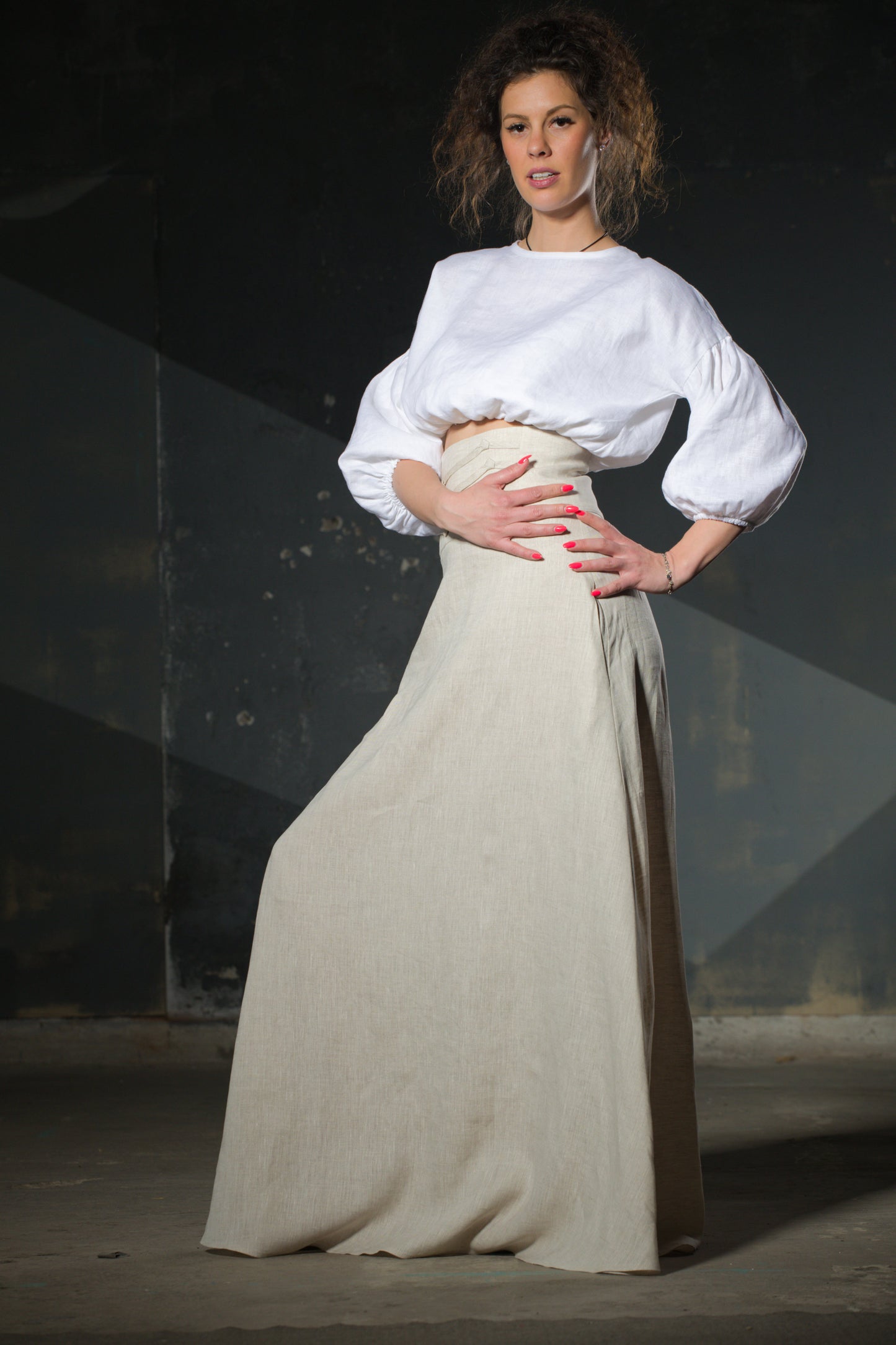 Natural Linen Maxi Skirt — Wide Structured Waistband