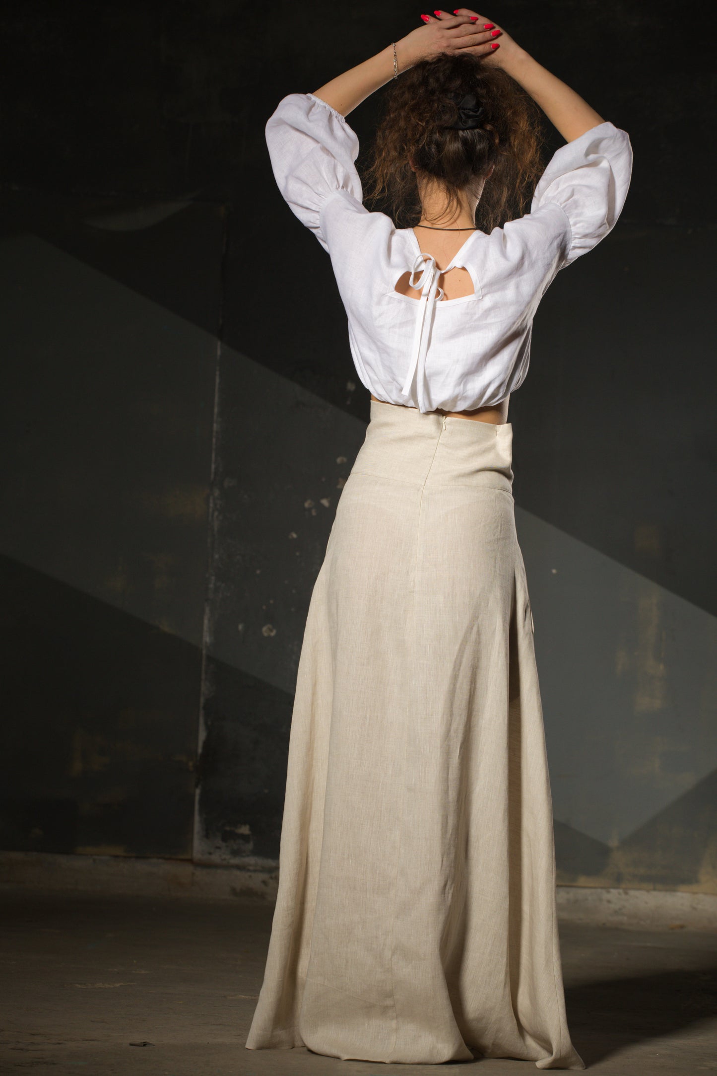 Natural Linen Maxi Skirt — Wide Structured Waistband