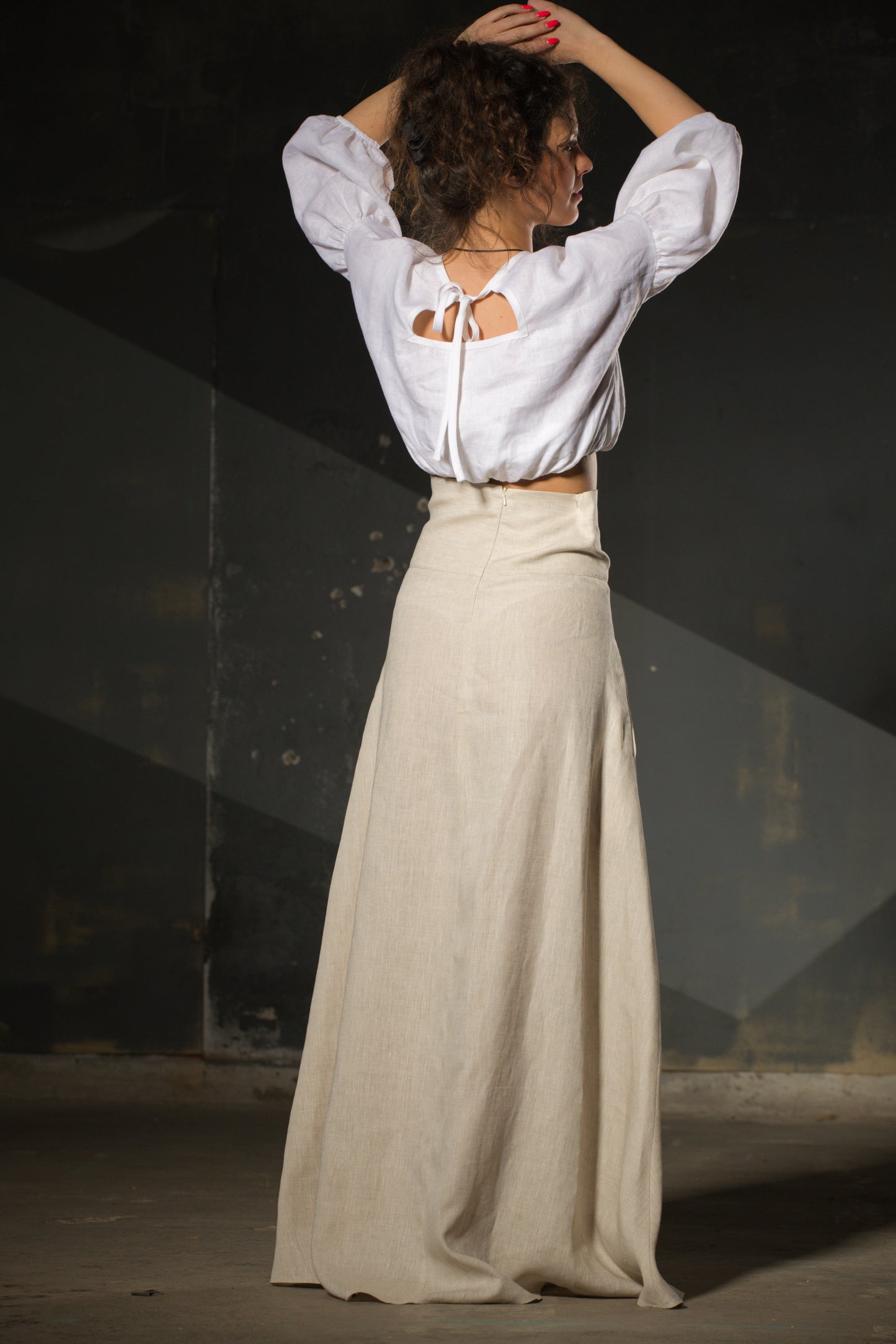 Natural Linen Maxi Skirt — Wide Structured Waistband