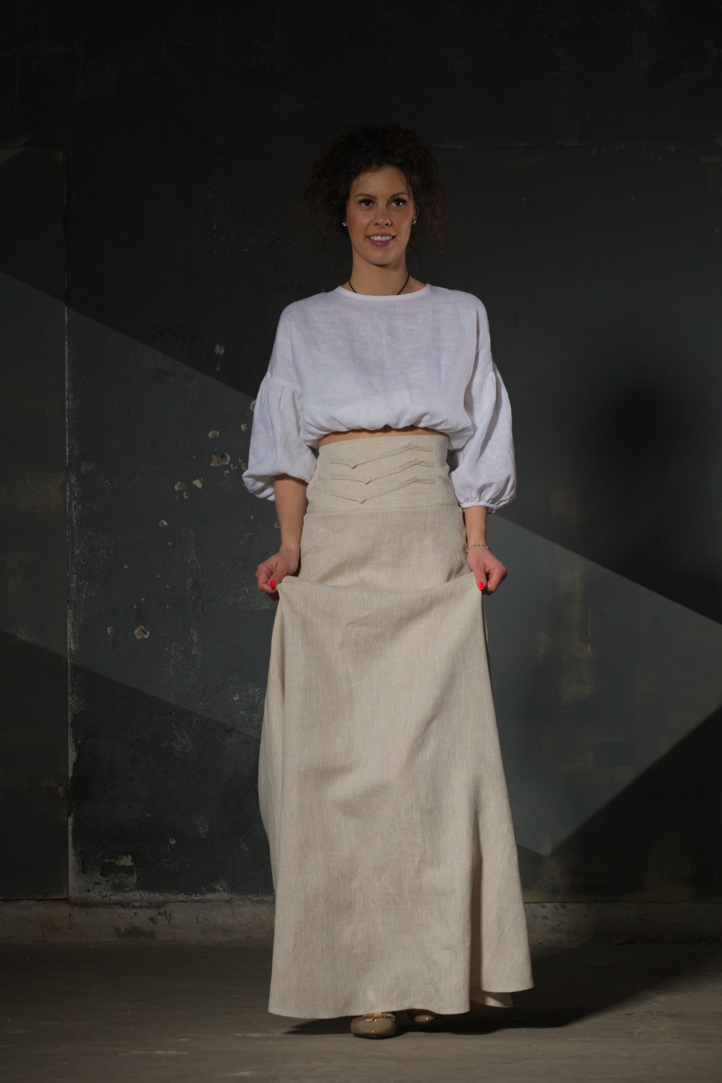 Natural Linen Maxi Skirt — Wide Structured Waistband