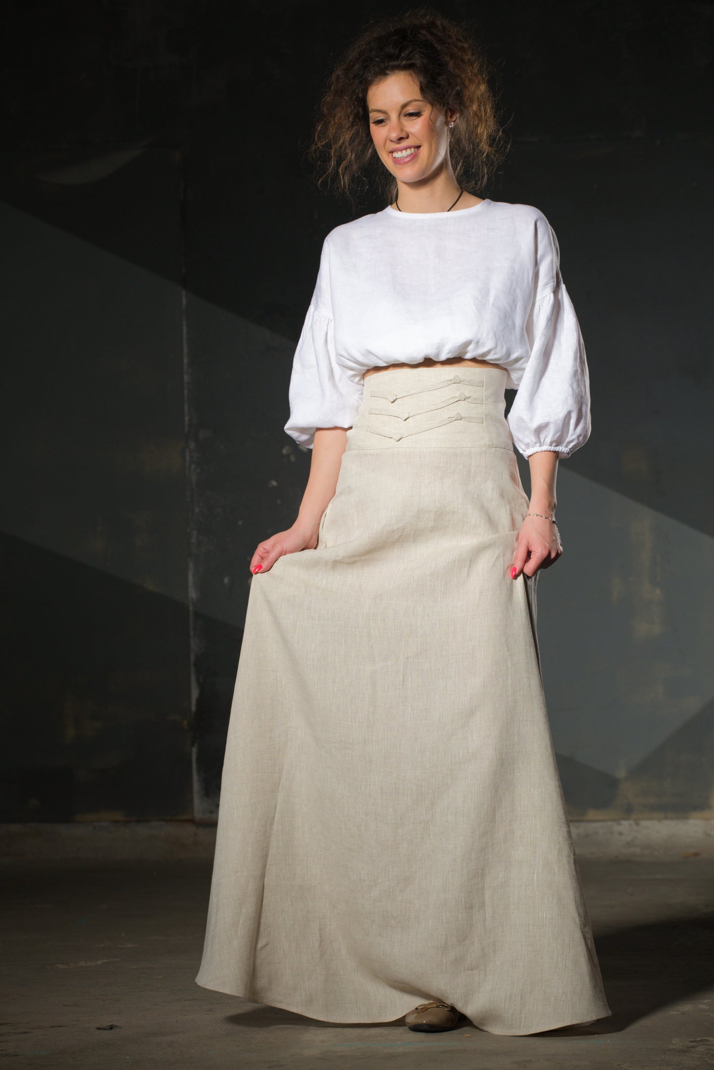 Natural Linen Maxi Skirt — Wide Structured Waistband