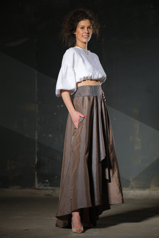 Bronze Taffeta Maxi Skirt — Bow Waist, Pleated