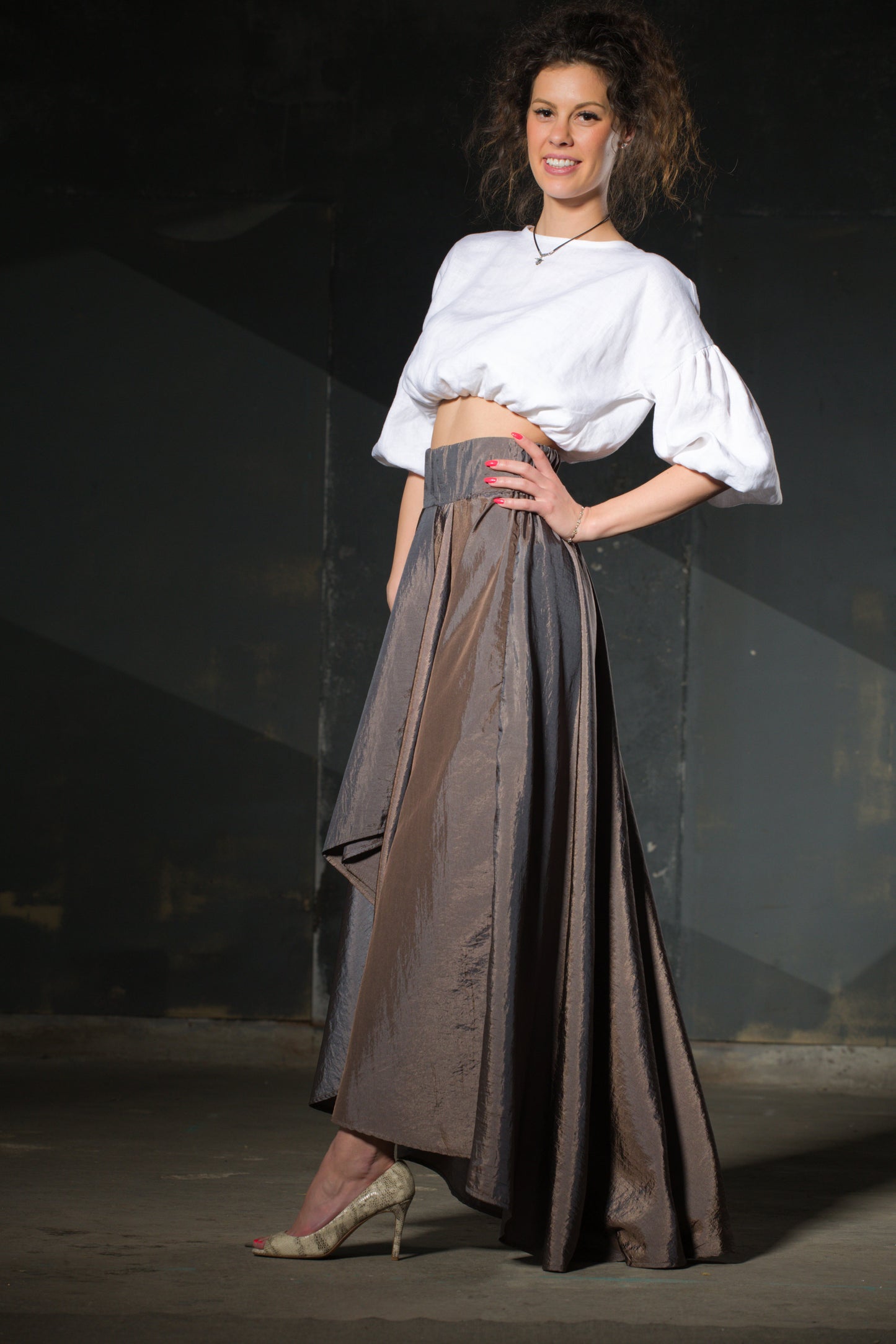 Bronze Taffeta Maxi Skirt — Bow Waist, Pleated