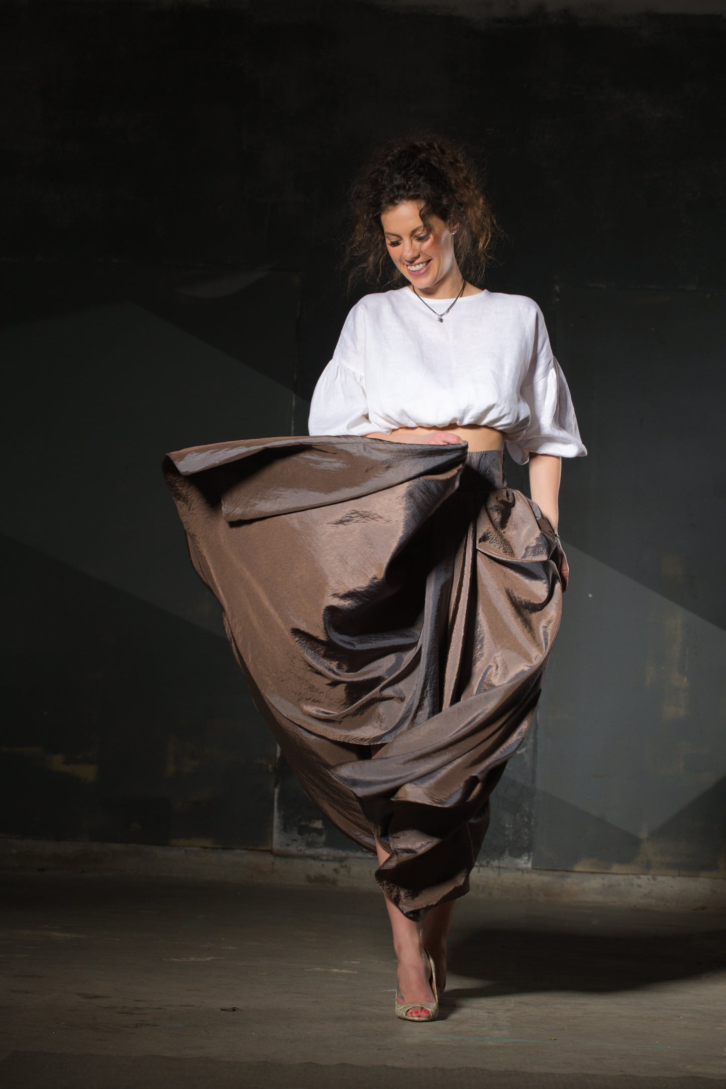 Bronze Taffeta Maxi Skirt — Bow Waist, Pleated