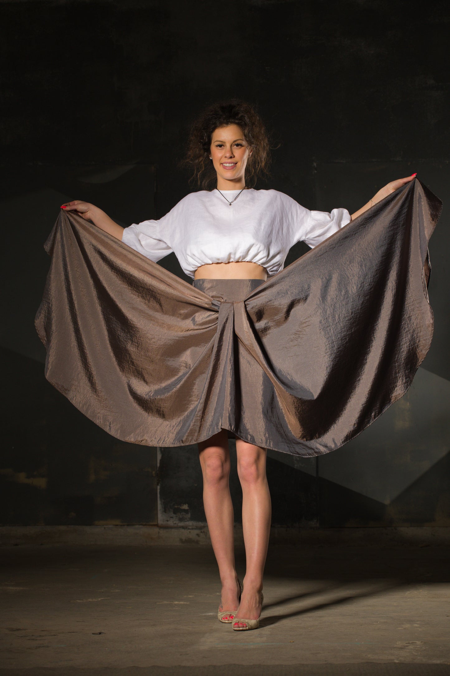 Bronze Taffeta Maxi Skirt — Bow Waist, Pleated